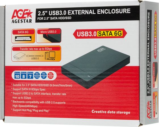 Внешний корпус для HDD/SSD AgeStar 3UB2P3 SATA III USB3.0 пластик черный 2.5&quot;