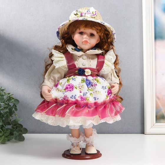 Кукла коллекционная керамика &quot;Женечка в платье с цветами, в соломенной шляпке&quot; 30 см