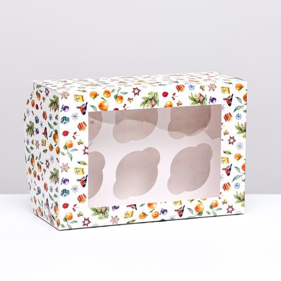 !Упаковка на 6 капкейков с окном "Новогоднее настроение", 25 х 17 х 10 см