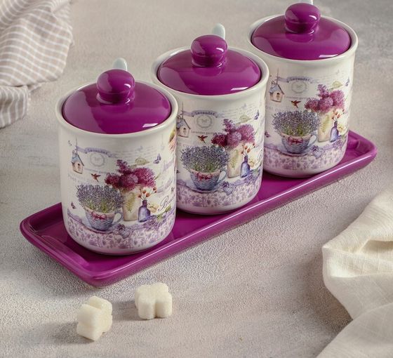 !09 Банка для сыпучих продуктов продуктов, набор из 3-х шт на подставке L27 W9,5 H13 cм цвет сиреневый