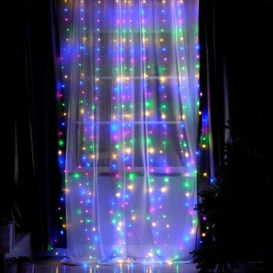 !09 Гирлянда «Занавес» 2.8 × 3 м роса на крючках, с пультом, IP20, серебристая нить, 300 LED, свечение мульти, 8 режимов, USB