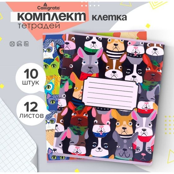 Комплект тетрадей из 10 штук, 12 листов в клетку Calligrata &quot;Яркий микс&quot;, обложка мелованный картон, ВД-лак, блок офсет, 5 видов по 2 штуки