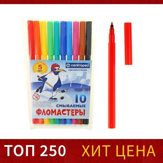 Фломастеры 10 цветов, 1.8 мм Centropen 7790 &quot;Пингвины&quot;, пластиковый конверт, смываемые