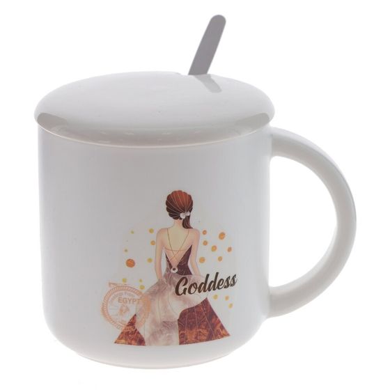 Кружка с крышкой и ложкой, 380 мл, L12 W9 H9,5 см, дизайн микс