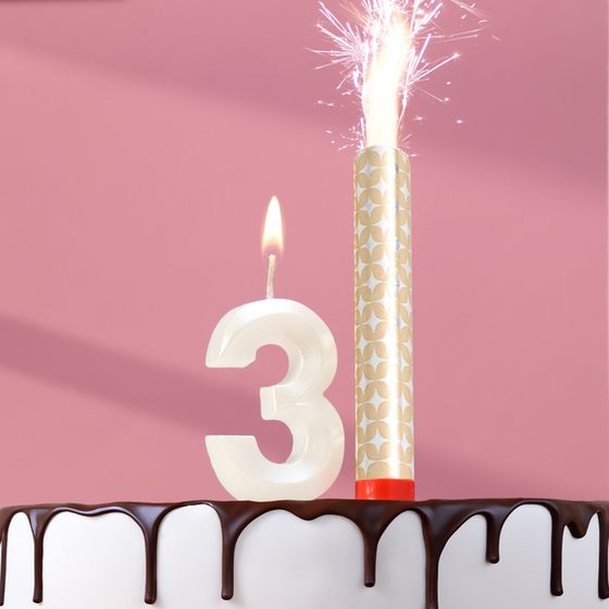 Свеча в торт &quot;Грань + фонтан&quot;, цифра &quot;3&quot;, жемчужный, 6,5 см