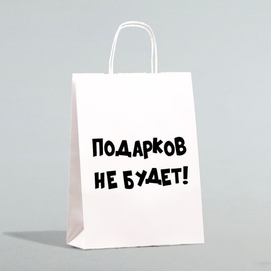 Пакет бумажный подарочный новогодний крафт с приколами, «Подарков не будет!», белый, 28 х 24 х 14 см.