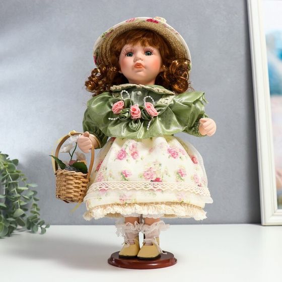 Кукла коллекционная керамика &quot;Энни в нежно-мятном платье, шляпке и с корзинкой&quot; 30 см