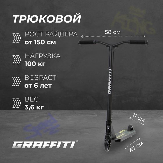 Самокат трюковой GRAFFITI Eccentric 24, колёса PU 110 мм, HIC компрессия, ABEC 9 Chrome, цвет чёрный