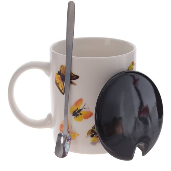 Кружка с крышкой и ложкой, 350 мл, L12 W8 H10 см, дизайн микс