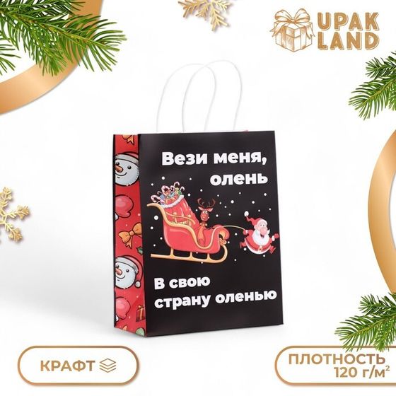 Пакет бумажный подарочный новогодний крафт, &quot;Вези меня&quot; , 27 х 21 х 11 см.