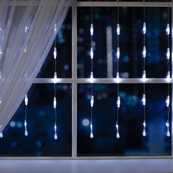 !09 Гирлянда «Занавес» 2.5 x 0.65 м с насадками «Капли», IP20, прозрачная нить, 50 LED, свечение белое, 8 режимов, 220 В