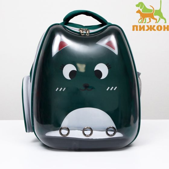 !09 Рюкзак для переноски кошек «Котик», прозрачный, 34×25×40 см, зелёный