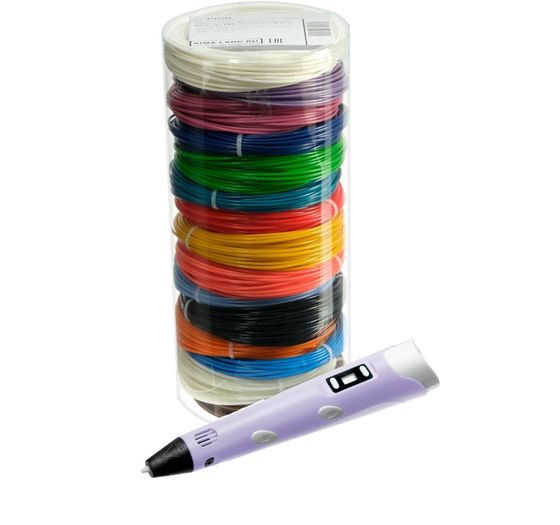 !09 Комплект в тубусе 3Д ручка с дисплеем фиолетовая + пластик ABS 15 цв/10 м.+трафареты