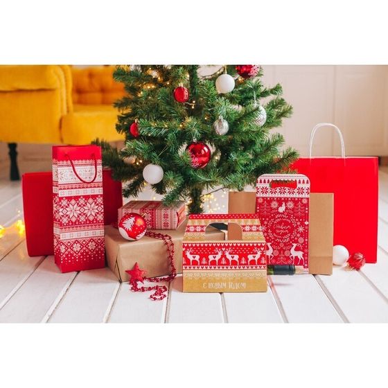 !Пакет под бутылку крафтовый 2 штуки «Уютного нового года», 13 × 36 × 10 см