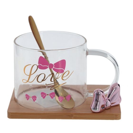 Кружка с ложкой на деревянной подставке, 290 мл, L12,5 W9 H8 см, дизайн микс