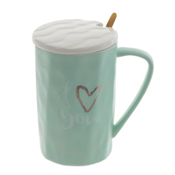Кружка с крышкой и ложкой, 400 мл, L11 W8 H12,5 см, цвет микс