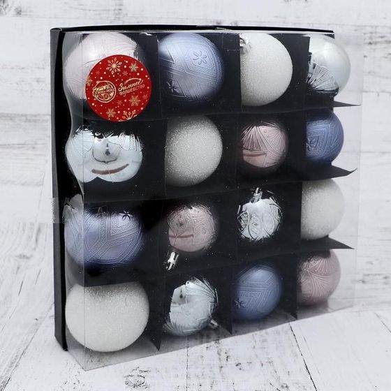 !09 Набор елочных игрушек - Набор шаров пластик d-6 см, 16 шт &quot;Загадка&quot; серебристо-белый