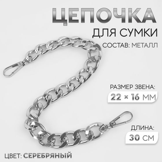 Цепочка для сумки, с карабинами, железная, 22 × 16 мм, 30 см, цвет серебряный