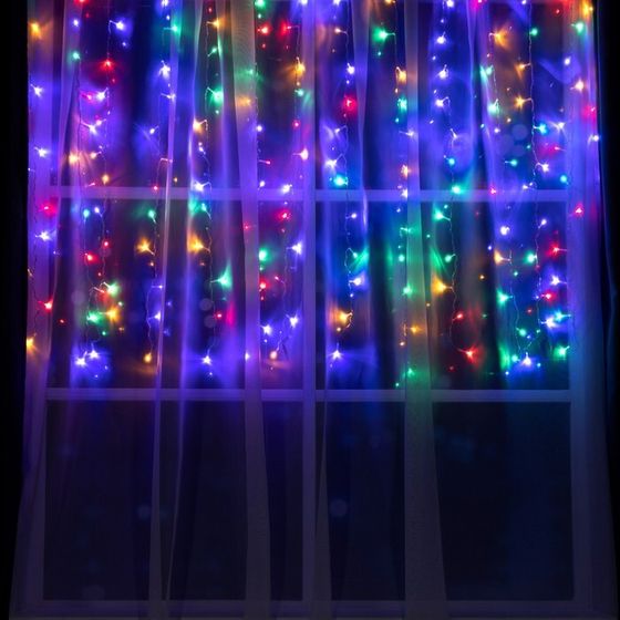 УЦЕНКА Гирлянда «Занавес», 1.5×1 м, IP20, 180 LED, 220 В, 8 режимов, прозрачная нить, свечение мульти
