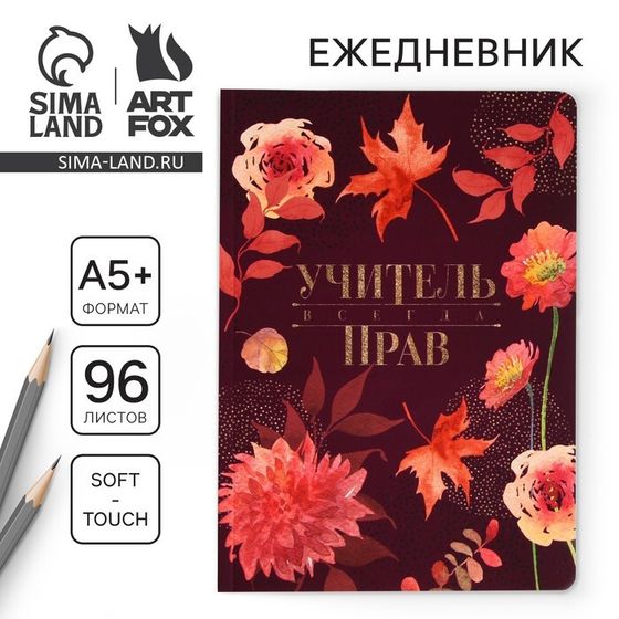 Большой ежедневник «Учителю: Учитель всегда прав» soft-touch, формат А5+, 96 листов, мягкая обложка, линейка