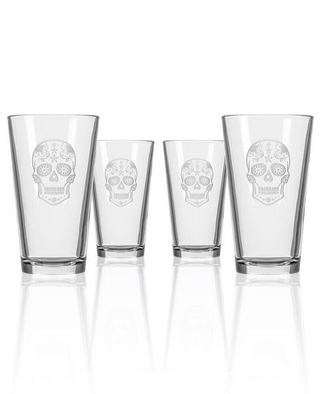 Sugar Skull Beer Pint Glass 16oz - Set of 4 Glasses