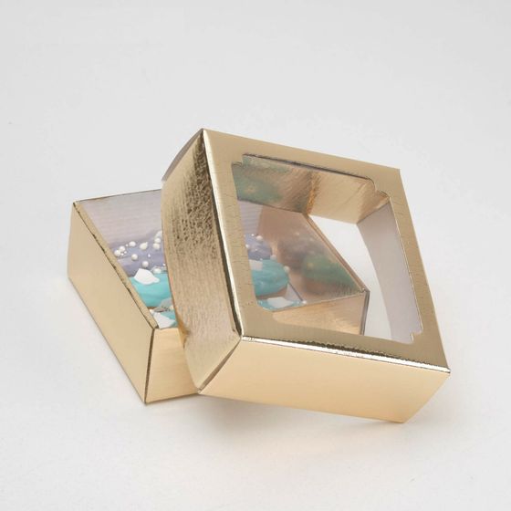 !НАБОР 2 ШТУКИ - Коробка сборная, крышка-дно, с окном, золотая, 14,5 х 14,5 х 6 см