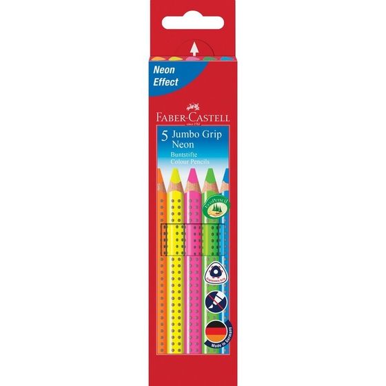 Карандаши цветные Faber-Castell Jumbo Grip Neon 5 цветов. неоновые, трехгранные, утолщенные, заточенные, в картонной коробке с европодвесом