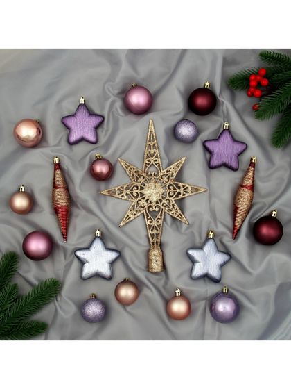 !09 Набор украшений пластик с верхушкой 43 шт &quot;Глория 1&quot; (32 шара, 4 сосульки, 6 звёзд)