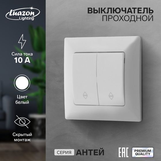 Выключатель проходной Luazon Lighting &quot;Антей&quot;, 10 А, 2 клавиши, скрытый, белый