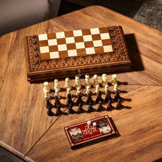 Шахматы-нарды ручной работы &quot;Узоры с резкой&quot;, 40х20 см, массив ореха, Армения