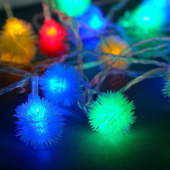 УЦЕНКА Гирлянда «Нить», 5 м, с насадками «Ёжики цветные», IP20, 30 LED, 220 В, 8 режимов, прозрачная нить, свечение мульти