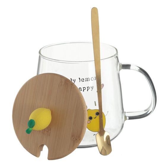 Кружка с крышкой и ложкой, 500 мл, L13 W9 H12,5 см, дизайн микс