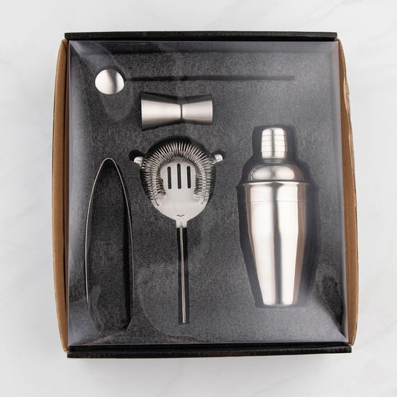 !09 Набор для бара «Биг Джон», 5 предметов: щипцы, стрейнер, ложка, шейкер, джиггер, нержавеющая сталь