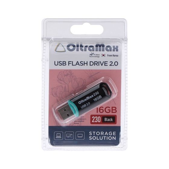 Флешка OltraMax 230, 16 Гб, USB2.0, чт до 15 Мб/с, зап до 8 Мб/с, чёрная