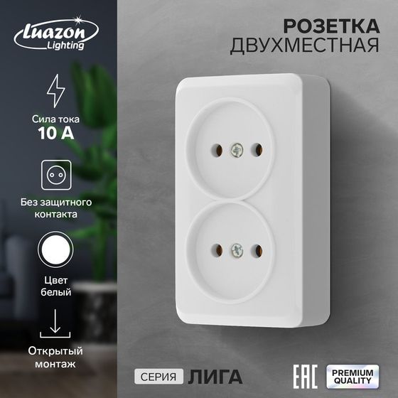 Розетка двухместная Luazon Lighting &quot;Лига&quot;, 10 А, накладная, без з/к, белая