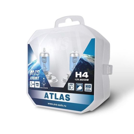 Лампа автомобильная AVS ATLAS PB, 5000К, H4,12 В, 60/55 Вт, набор 2 шт