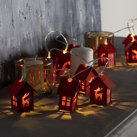 !09 Гирлянда «Нить» 1.5 м с насадками «Дом красный», IP20, прозрачная нить, 10 LED, свечение красное, AAх3