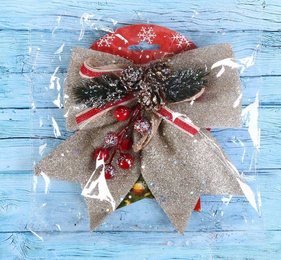 !09 Украшение ёлочное "Бант - шишки, ягодки" 21х18 см, цвет бежевый