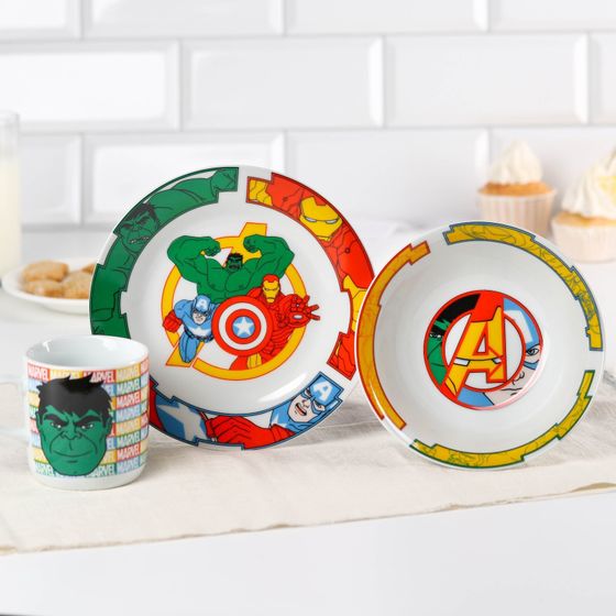 !09 Набор посуды, 3 предмета: кружка 250 мл , тарелка 18 см, салатник 350 мл, Мстители