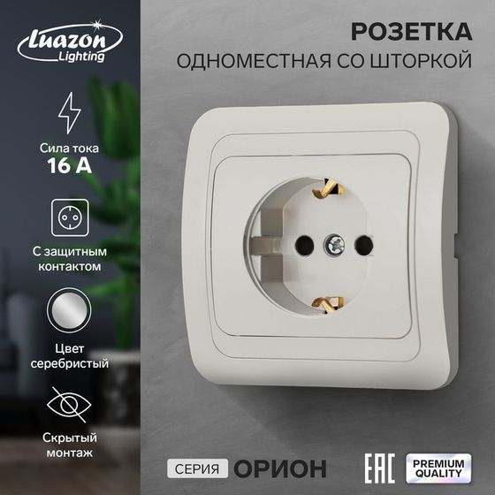 Розетка одноместная со шторкой Luazon Lighting &quot;Орион&quot;, 16 А, скрытая, с з/к, серебристая