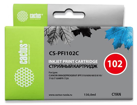 Картридж струйный Cactus CS-PFI102C синий (130мл) для Canon IP iPF500/iPF600/iPF700/ MFP M40/iPF765/LP17/LP24