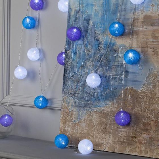 !09 Гирлянда «Нить» 5 м с насадками «Клубки черничные», IP20, прозрачная нить, 20 LED, свечение белое, 220 В