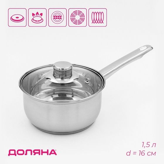 Ковш Доляна «Сильве», 1.5 л, d=16 см, с крышкой, металлическая ручка, индукция, нержавеющая сталь