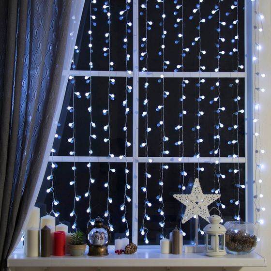 !09 Гирлянда «Занавес» 2 × 1.5 м с насадками «Шарики», IP20, прозрачная нить, 360 LED, свечение белое, 8 режимов, 220 В