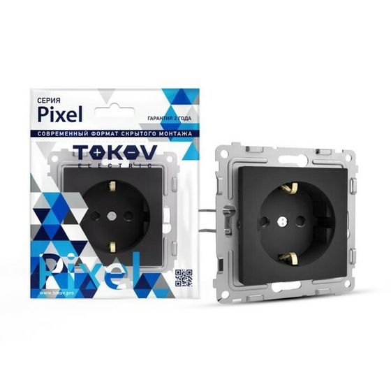 Розетка TOKOV ELECTRIC, Pixel, 1-м, 16А, IP20, с з/к, с защ. шторкой, карбон TKE-PX-R1ZSF-C14