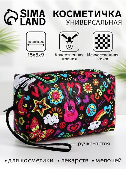 Косметичка на молнии с ручкой, объёмная, маленькая, с рисунком Peace, чёрная
