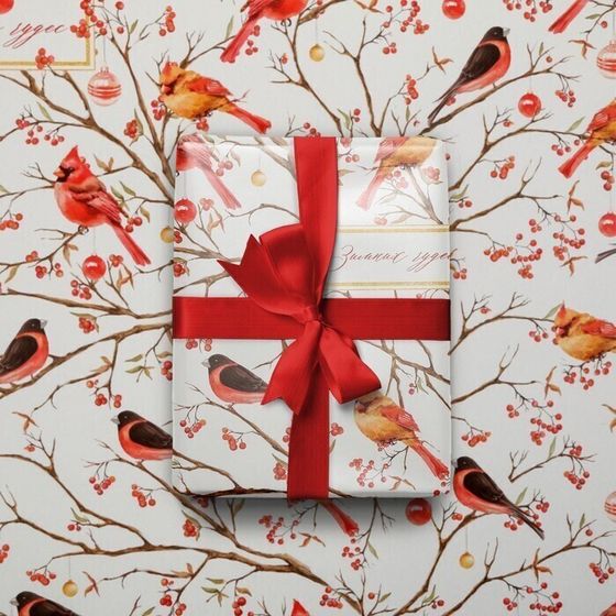 !09 Бумага упаковочная 2 листа глянцевая, "Птицы на ветвях", 50 х 70 см.