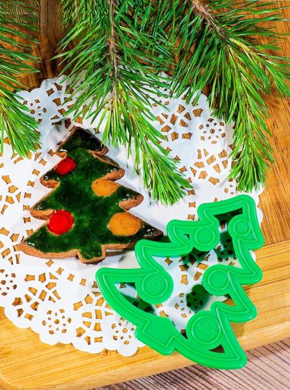 !09 Форма для печенья новогодняя «Ёлочка», вырубка, штамп, 8.5×8 см, пластик, зелёная