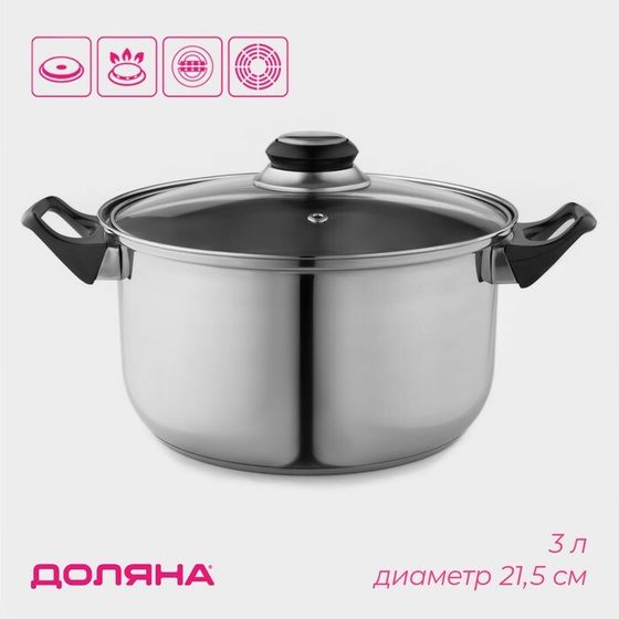 Кастрюля Доляна «Чёрная ночь», 3 л, с крышкой, капсульное дно, нержавеющая сталь