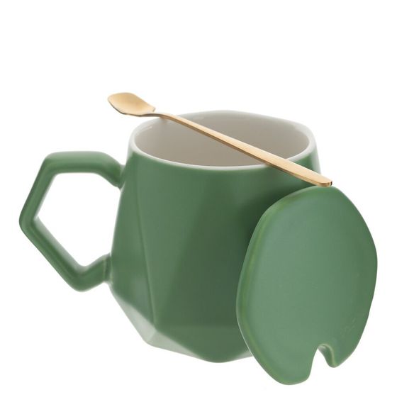 Кружка с крышкой и ложкой, 450 мл, L14 W9 H9,5 см, дизайн микс